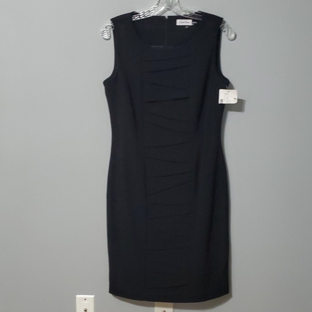 Calvin Klein Black Pleated Sheath Midi Lined Dress